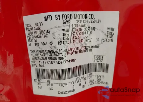 2013 Ford F-150 Xlt from USA, damaged, VIN 1FTFX1EF4DFB74102